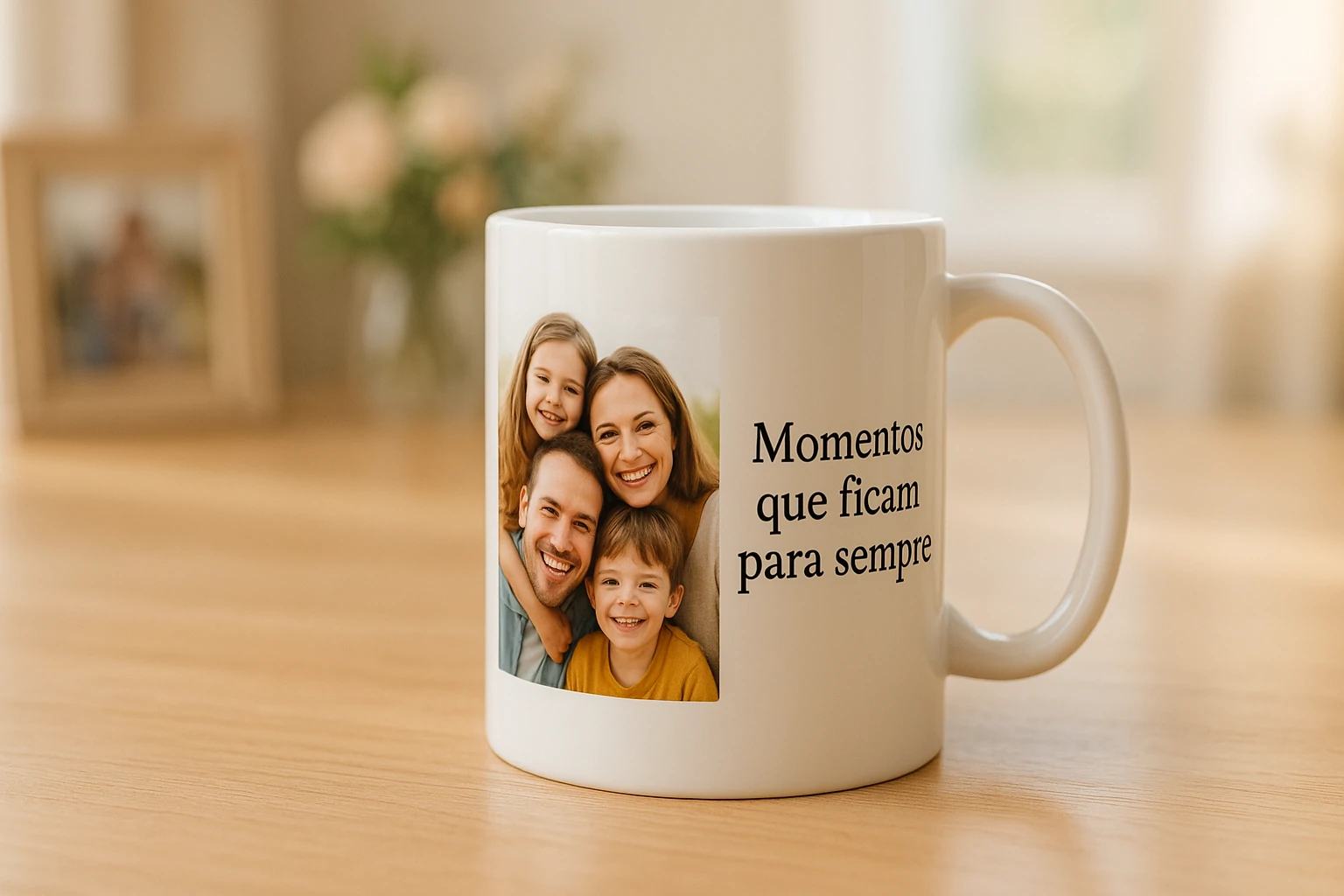 Caneca personalizada em porcelana branca com estampa exclusiva da Sublime Personalizados Fortaleza, ideal como presente criativo e lembrança especial.