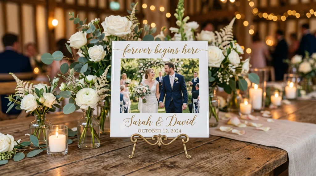 Azulejo personalizado para casamento com foto dos noivos decorando mesa de recepção em Fortaleza.