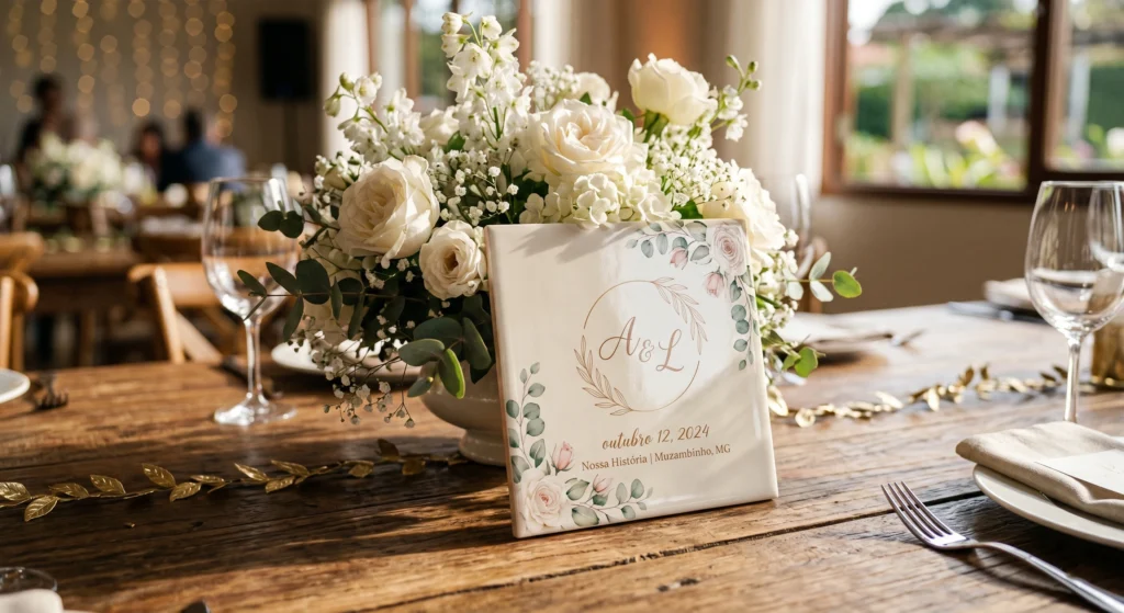 Azulejo personalizado para casamento decorando uma mesa de festa elegante em Fortaleza.