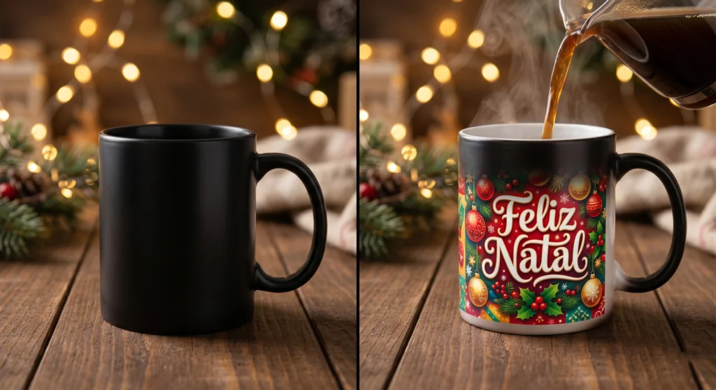 Canecas Personalizadas de Natal com efeito mágico revelando estampa ao receber café quente.