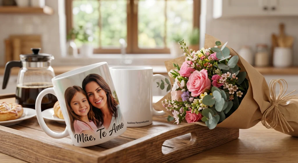 Caneca com foto Dia das Mães em porcelana de alto brilho ao lado de um buquê de flores. Produção premium e entrega rápida da Sublime Personalizados em Fortaleza.
