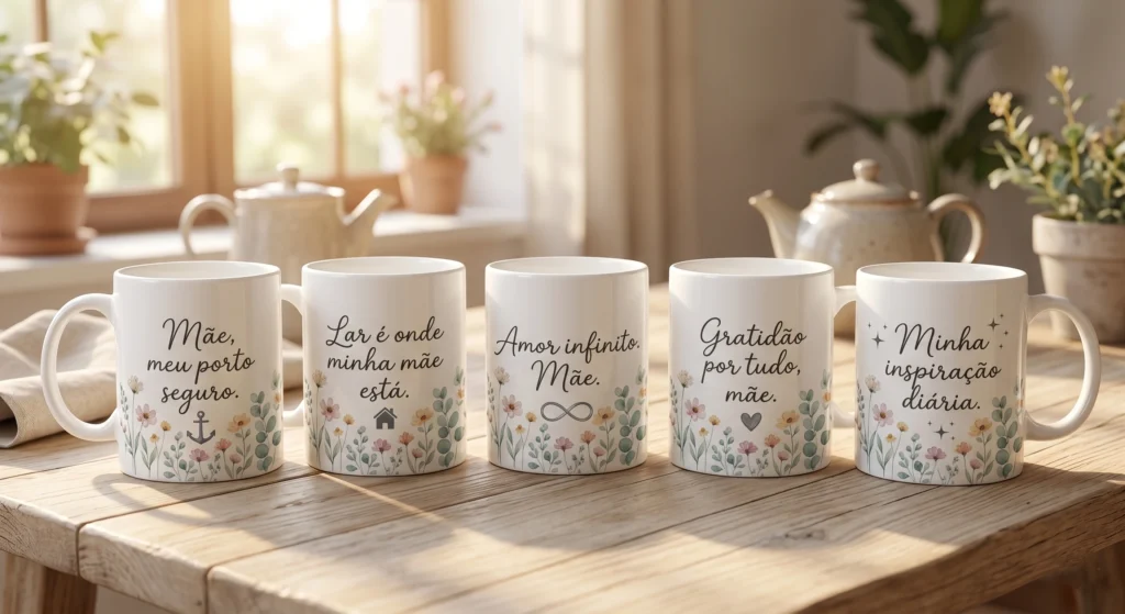 Coleção de 5 canecas personalizadas com frases curtas e modernas para o Dia das Mães em Fortaleza.