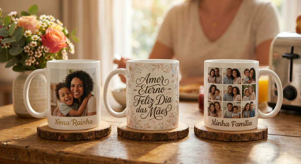 Três modelos de Caneca Personalizada o melhor Presente para o Dia das Mães com designs exclusivos e produção local em Fortaleza.