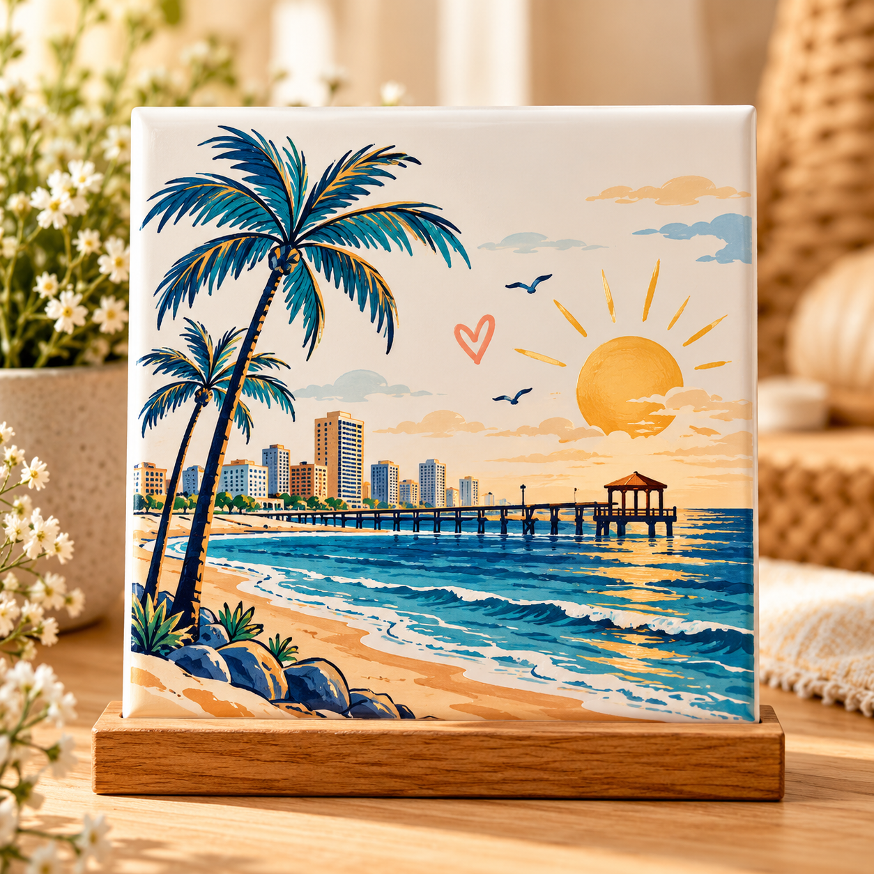 Azulejo decorativo personalizado com arte do litoral