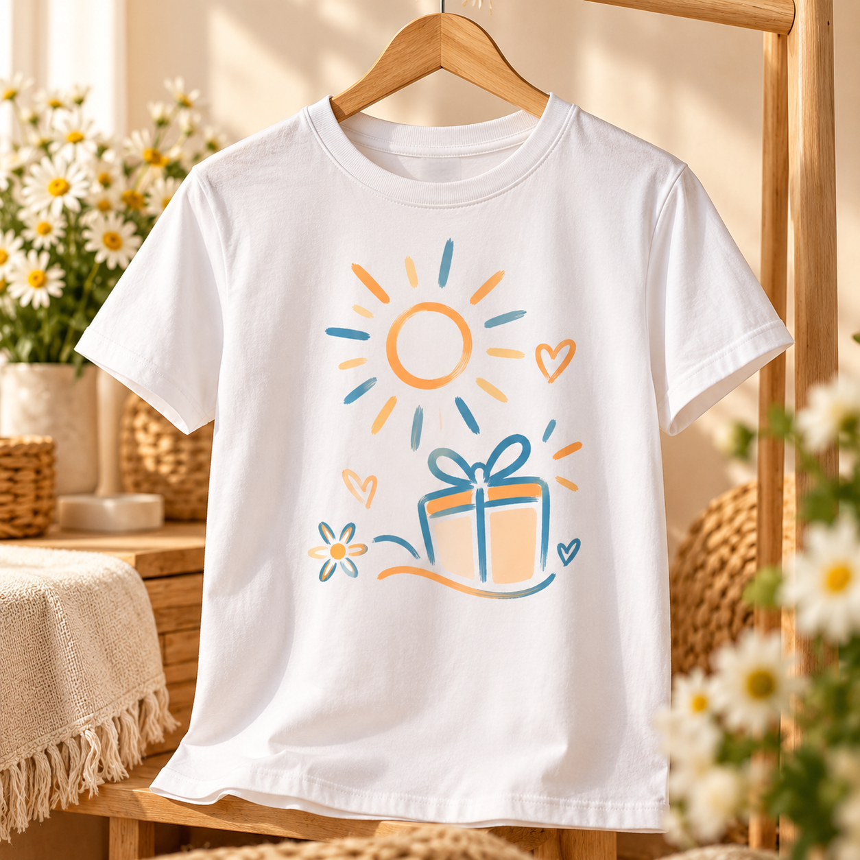 Camisa branca personalizada com ilustração de sol e presente