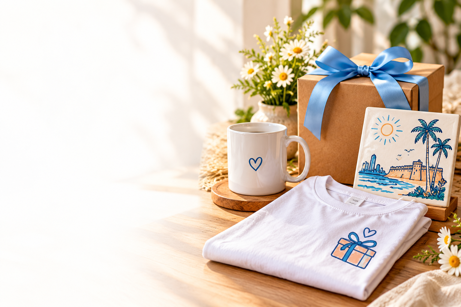Caneca, camisa e azulejo personalizados em uma composição de presentes em Fortaleza